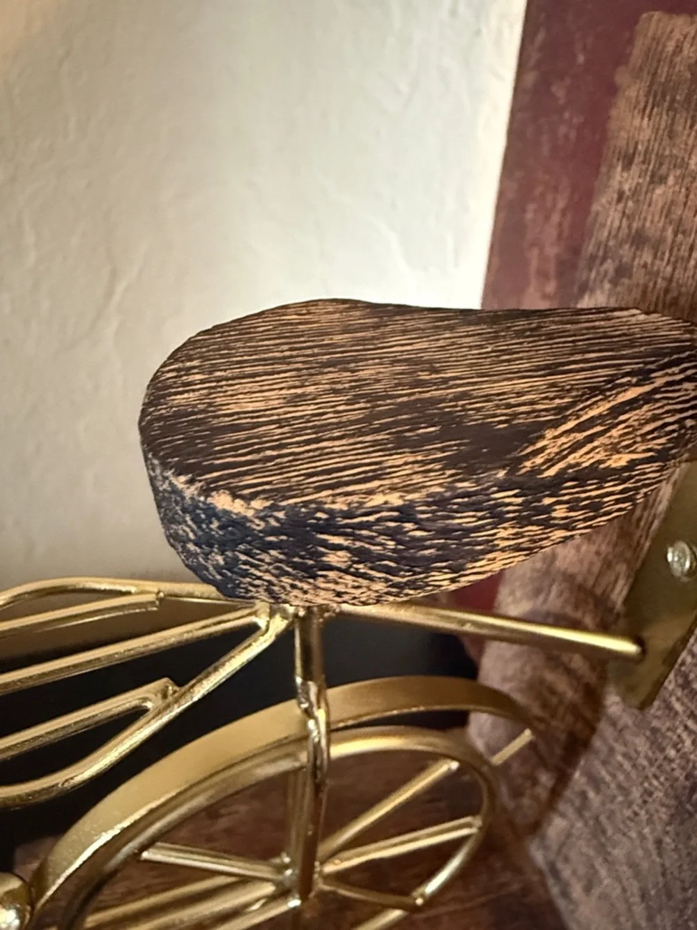 Vintage inspired Gold Metal Bicycle Bookends with Rustic Wood Base - Pair